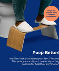 Person using Contempo Slim Teak Finish Toilet Stool, 7 Inch Height, Brown And White for easy elevation, fits most standard toilets.