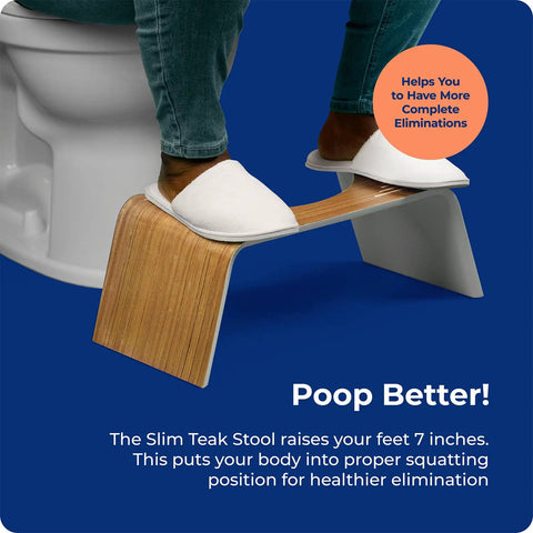 Person using Contempo Slim Teak Finish Toilet Stool, 7 Inch Height, Brown And White for easy elevation, fits most standard toilets.