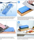 Steps to use Four Sided Whetstone Knife Sharpener Set with 400 1000 3000 8000 Grits, Includes Bamboo Base, in kitchen setting.