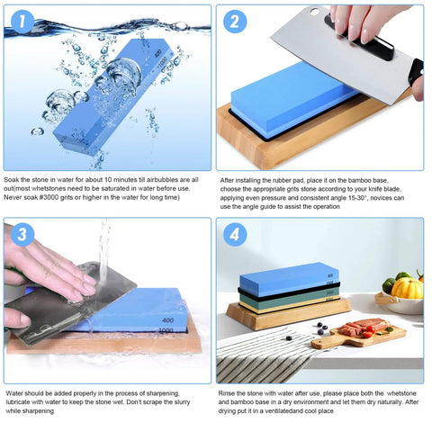 Steps to use Four Sided Whetstone Knife Sharpener Set with 400 1000 3000 8000 Grits, Includes Bamboo Base, in kitchen setting.