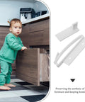 Child near drawer with 5 Pack Invisible Childproof Drawer Locks For Cabinets And Furniture, Damage Free Adhesive Latches shown