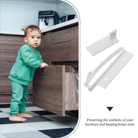 Child near drawer with 5 Pack Invisible Childproof Drawer Locks For Cabinets And Furniture, Damage Free Adhesive Latches shown