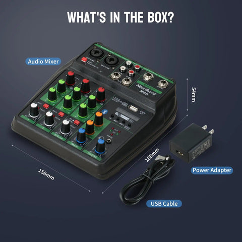 4 Channel DJ Mixer With Bluetooth And USB MP3 Player, XLR And One Quarter Inch Inputs, 48V Phantom Power, console with power adapter