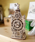 Old Clock Tower 3D Wooden Puzzle Kit For Adults, DIY Mechanical Model Building Set, Wooden clock tower on desk