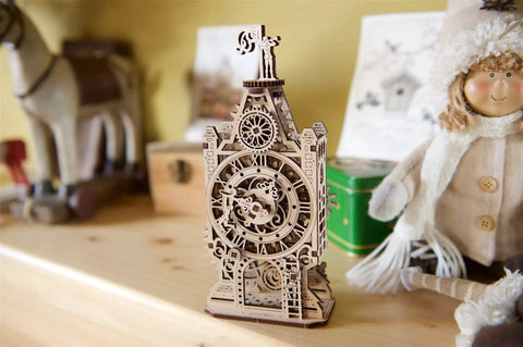 Old Clock Tower 3D Wooden Puzzle Kit For Adults, DIY Mechanical Model Building Set, Wooden clock tower on desk