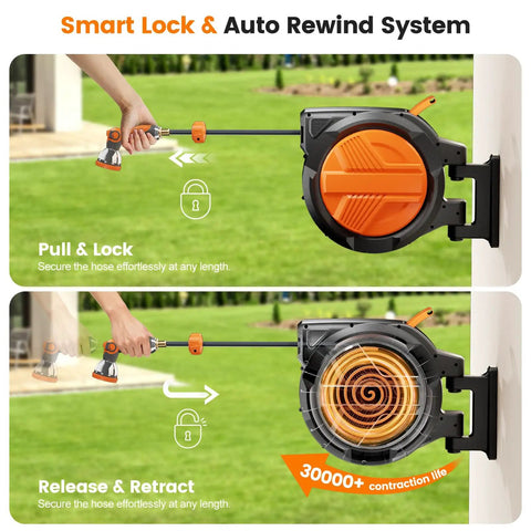 Retractable Garden Hose Reel With Auto Rewind For Outdoor Use, wall mounted heavy duty hose organizer showing pull and lock feature.