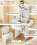 Girls 20 Inch Vanity Desk With Lighted Mirror And Charging Station, Space Saving Glass Top Makeup Table, White, in a small room.