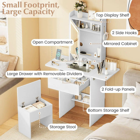 Girls 20 Inch Vanity Desk With Lighted Mirror And Charging Station, Space Saving Glass Top Makeup Table, White, in a small room.
