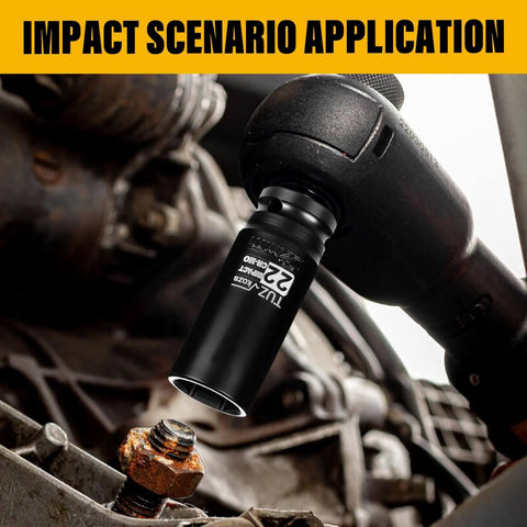 Heavy Duty 1/2 Inch Drive 22mm Deep Well Metric Impact Socket CR-MO Steel 6 Point Radius Corner Design in use on axle nut