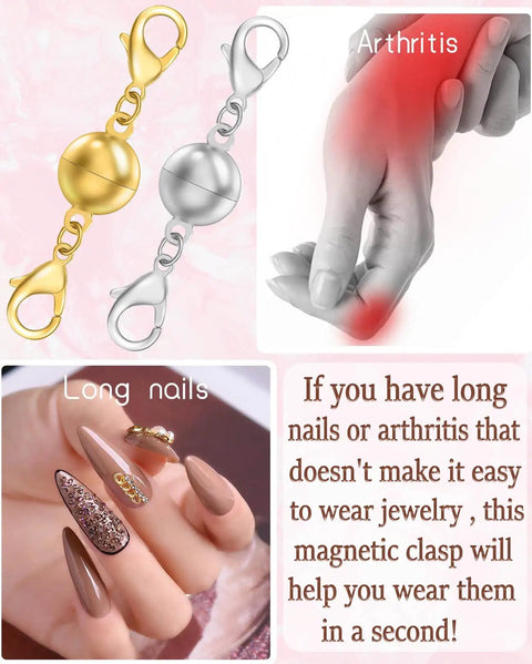 Magnetic Bead Necklace Clasp Closure for Jewelry Converters and Bracelet Extenders demonstration with arthritis and long nails use case.