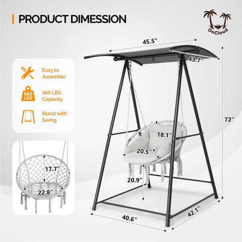 Dimensions of Chill Outdoor Hammock Chair With Stand And Canopy, featuring cushioned swing and adjustable canopy, 660 lb capacity.