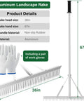 Aluminum Landscape Rake 36 Inch Head 67 Inch Handle Ideal For Lawn Care And Soil Loosening Leaves Weeds Garden Pond Beach Cleanup Outdoor Raking Tool Go To Heavy Duty Long Reach Rake For Yard And Garden with gloves