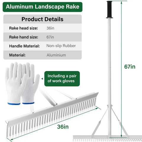 Aluminum Landscape Rake 36 Inch Head 67 Inch Handle Ideal For Lawn Care And Soil Loosening Leaves Weeds Garden Pond Beach Cleanup Outdoor Raking Tool Go To Heavy Duty Long Reach Rake For Yard And Garden with gloves