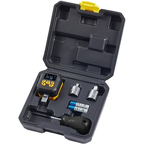 Half Inch Drive Digital Torque Adapter With Buzzer And LED Indicator For Boss Level Precision, 7.5 To 147.5 Foot Pounds Or 10 To 200 Newton Meters, Converts To Quarter And Three Eighth Inch Adapters, Includes Calibration Certificate in case
