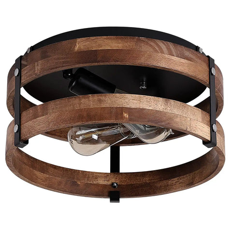 2 Light Rustic Oak Wood Round Drum Ceiling Light Fixture For Hallways Bedrooms Kitchens And Entryways Farmhouse Black Flush Mount Semi Flush Mount With Easy Install And Cozy On Trend Farmhouse Vibe with visible bulbs and wood bands