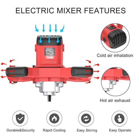 Beast 2100W Electric Cement Mixer features diagram with air flow, 6 speed settings, durable design, handheld mud mixer, 110V power