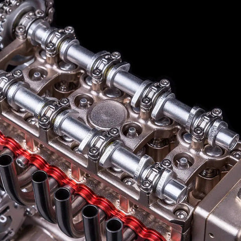 Metal 4-Cylinder Engine Model Kit For Adults And Teens, 325+ Precision Parts, DIY Mechanical Build With Realistic Movement, 4+ Hours Assembly, STEM Project For Car Junkies And Hobbyists. close-up of metal camshaft and cylinders