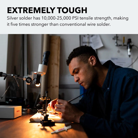 Person using Silver Solder Paste 7.1 Grams For Electronics Jewelry And Home Wiring No Mess on a workbench, microscope visible.