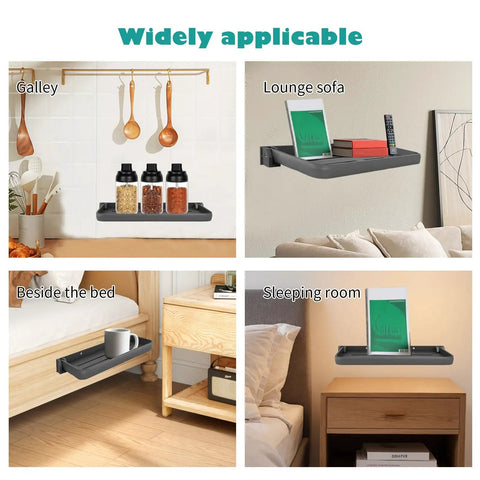 Level Up Your Rig Setup With These Smooth Folding Aluminum Wall Shelves For Rv Trailers And Motorhomes, shown in various home and RV settings.
