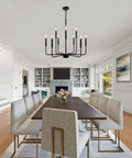 Black Farmhouse Chandelier For Dining Room Over Table Nine Light Industrial Metal Candle Lighting Fixture For Living Room Kitchen Island Entryway Foyer With Modern Rustic Vibe illuminating dining area with nine candle-style lights.