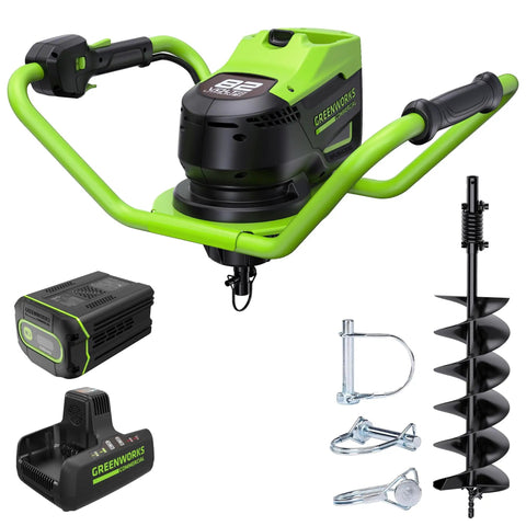 82V Brushless Earth Auger Power Head With 4.0Ah Battery And Dual Port Charger, auger bit, locking pins, and clamps