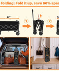 Grab And Go Foldable Wagon Cart With 360 Degree Wheels And Drink Holders For Camping Travel Picnic Shopping And Storage Ultra Lightweight At Just 11 Lbs Collapsible To Stow Handles Up To 360 Lbs shown folded in car trunk and storage area