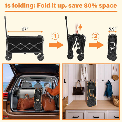 Grab And Go Foldable Wagon Cart With 360 Degree Wheels And Drink Holders For Camping Travel Picnic Shopping And Storage Ultra Lightweight At Just 11 Lbs Collapsible To Stow Handles Up To 360 Lbs shown folded in car trunk and storage area