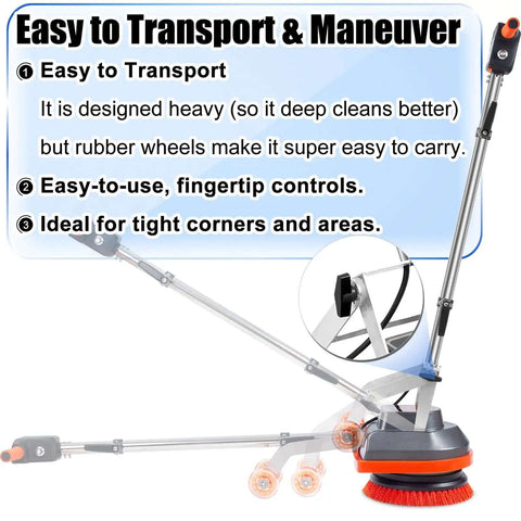 Heavy Duty Orbital Floor Scrubber And Buffer Kit With Commercial Grade Pads And Brushes, focus on wheeled base and handle