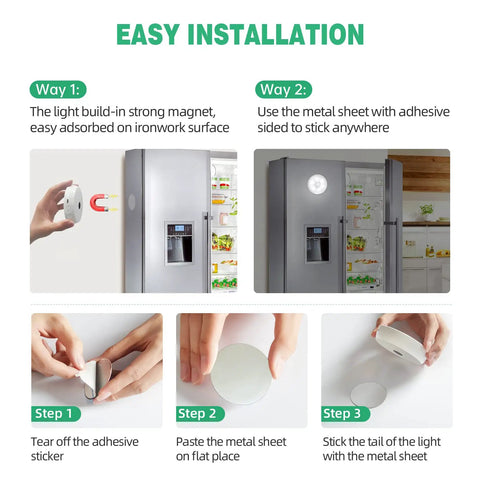 Easy installation of Wireless Motion Sensor LED Closet Lights With Remote USB Rechargeable Puck Lights on fridge with magnet
