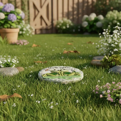 Frog Garden Stepping Stone With Welcome Friends Message, 1.2 Inch Low Profile Concrete Plaque installed in a garden.