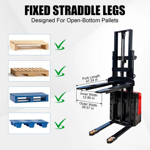 Heavy Duty Electric Pallet Stacker With 3300 Pound Capacity And 118 Inch Lift Height with fixed straddle legs for open-bottom pallets.
