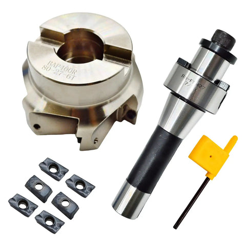 R8 Face Mill Cutter Set 80mm With BAP400R Arbor And APMT1604 Carbide Inserts 6 Flutes Cutter 27mm Bore Includes FMB22 Arbor T15 Wrench