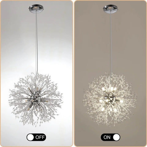 Chrome Modern Crystal Chandelier Firework Pendant Light With Bubble Crystal Orbs, 9 Light Round Hanging Chandelier off and on view