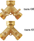 Heavy Duty Garden Hose Splitter 2 Way Brass Faucet Splitter For Dual Water Outlets Outdoor Hose Connector With Easy On Off Handles Weatherproof And Corrosion Resistant For High Pressure Use, brass 2-way valve shown off and on