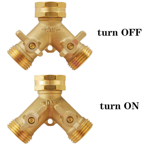 Heavy Duty Garden Hose Splitter 2 Way Brass Faucet Splitter For Dual Water Outlets Outdoor Hose Connector With Easy On Off Handles Weatherproof And Corrosion Resistant For High Pressure Use, brass 2-way valve shown off and on