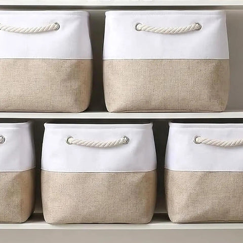 Heavy Duty Foldable Linen Storage Cubes 6 Pack Rock Solid Organizational Baskets with Nifty Rope Handles on shelves.