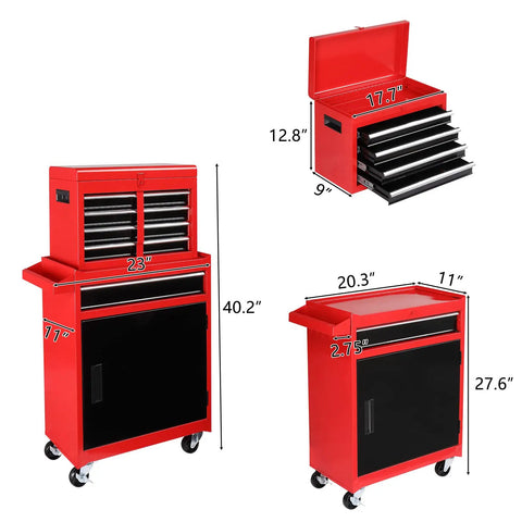 Five Drawer Rolling Tool Chest With Lockable Wheels Detachable Top And Adjustable Shelf Plus Bottom Cabinet For Heavy Duty Garage Workshop Shop And Warehouse Tool Organizer, red steel, 40.2 in tall