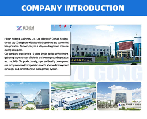 Company introduction image featuring Henan Yugong Machinery facilities with modern architecture and a clear sky.