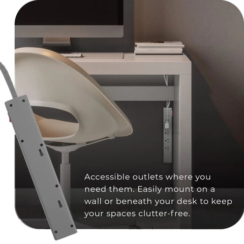 Wi Fi Smart Surge Protector Power Strip Featuring Four Independently Controlled Grounded Outlets Quick Charge Usb Ports Plugging In Is A Breeze Compatible With Alexa And Google Home Fully Adjustable Gray mounted under a desk for easy access.