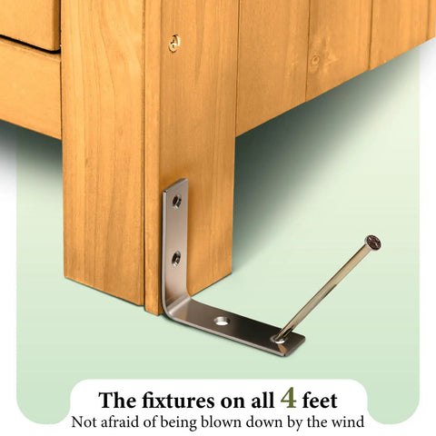 Base of Outdoor Wooden Storage Shed With Safety Latch Teak Finish showing secure metal fixture and nail on wooden panel