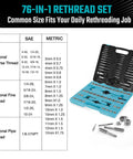 76 Piece Tap And Die Set For Metric And Standard Threads Rethreading Kit in storage case shown with thread size chart