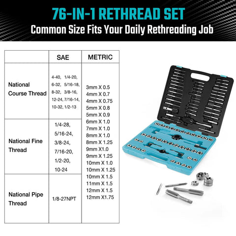 76 Piece Tap And Die Set For Metric And Standard Threads Rethreading Kit in storage case shown with thread size chart