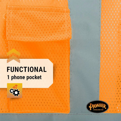 Stay Sharp And Legit On The Job With This Kickass Class 2 High Visibility Mesh Safety Vest Featuring Bold Reflective Tape For Traffic Control And Crew Jobs In Bright Orange, showing a close-up of the phone pocket.