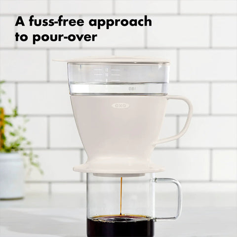 Single Serve Pour Over Coffee Maker With Auto Drip Tank for a balanced brew, white heat retaining lid, glass mug