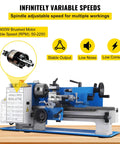 Badass Mini Metal Lathe 7X12 Inch Bench Top Machine With 550W Variable Speed Motor 2250RPM showing adjustable speed and brushed motor.