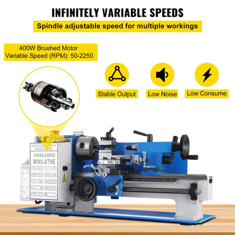 Badass Mini Metal Lathe 7X12 Inch Bench Top Machine With 550W Variable Speed Motor 2250RPM showing adjustable speed and brushed motor.