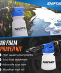 Pro Grade Foam Cannon Car Wash Sprayer With Microfiber Wash Mitt 6 Foam Settings And Rinse Hose End Foam Sprayer Kit For At Home Detailing Works With Any Soap Blue Foam Gun And Mitt in use, spraying foam on a car windshield.