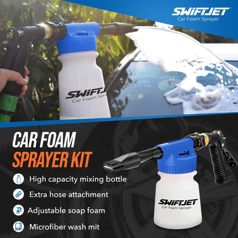 Pro Grade Foam Cannon Car Wash Sprayer With Microfiber Wash Mitt 6 Foam Settings And Rinse Hose End Foam Sprayer Kit For At Home Detailing Works With Any Soap Blue Foam Gun And Mitt in use, spraying foam on a car windshield.