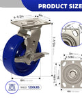 Rugged 6X2 Inch Stainless Steel Casters Featuring Smooth Rolling Solid Blue Polyurethane Wheels And Secure Brake Locks showing detailed measurements.