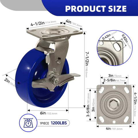 Rugged 6X2 Inch Stainless Steel Casters Featuring Smooth Rolling Solid Blue Polyurethane Wheels And Secure Brake Locks showing detailed measurements.